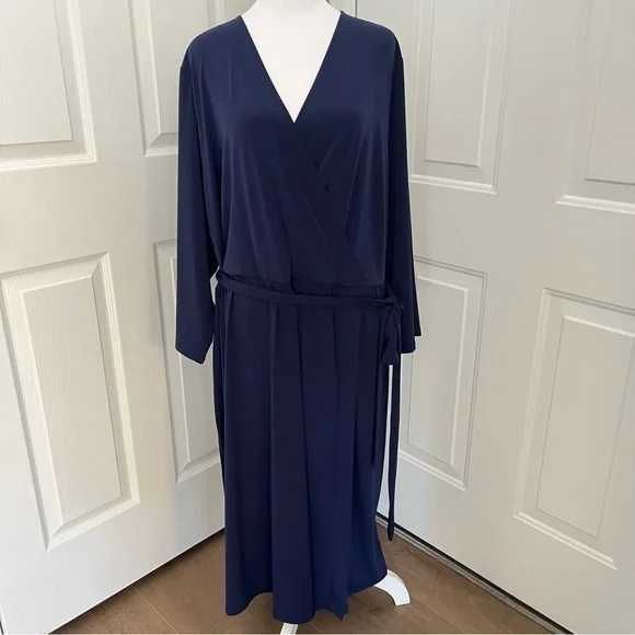Lane Bryant Wrap Jersey Midi V Neck Dress Navy Empire Waist Belted 26/28 NWT - Picture 2 of 11
